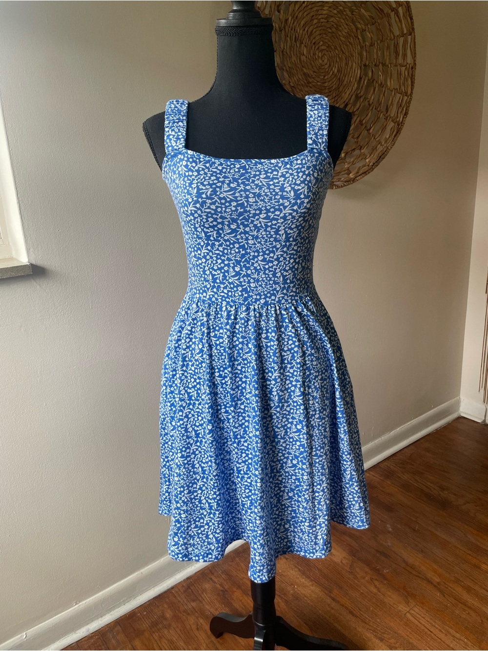 Blue Floral Square-Neck Summer Dress